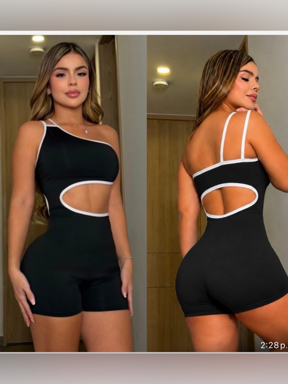 Black Cutout One-Shoulder Romper with White Trim